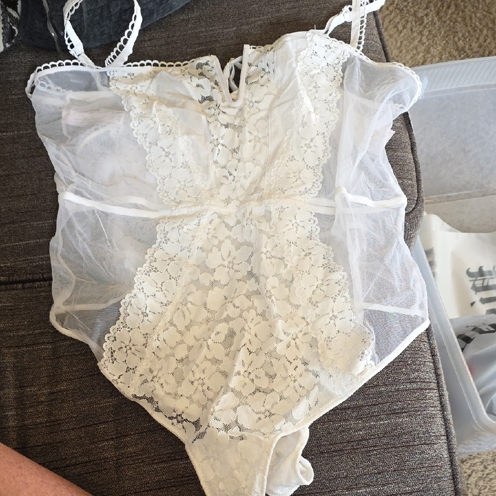 Auden White Lace Sheer Bodysuit